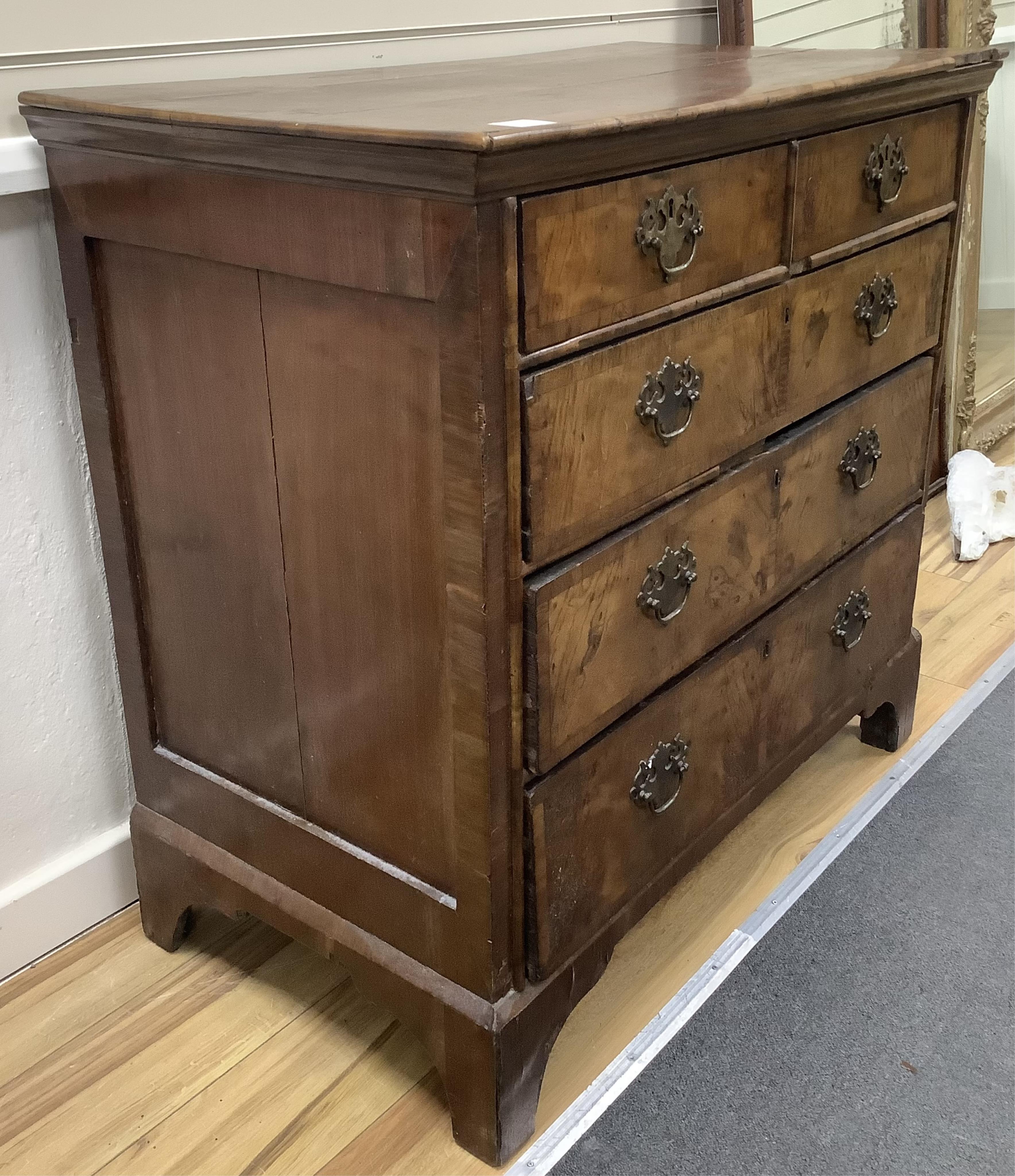 An 18th century walnut chest of drawers, width 96cm, depth 53cm, height 92cm. Condition - poor